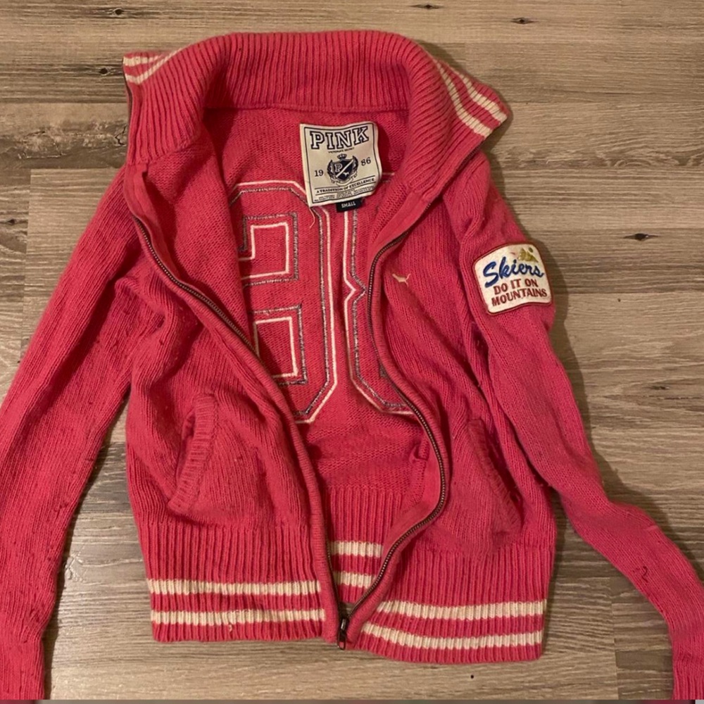 Pink fuzzy PINK University sweater